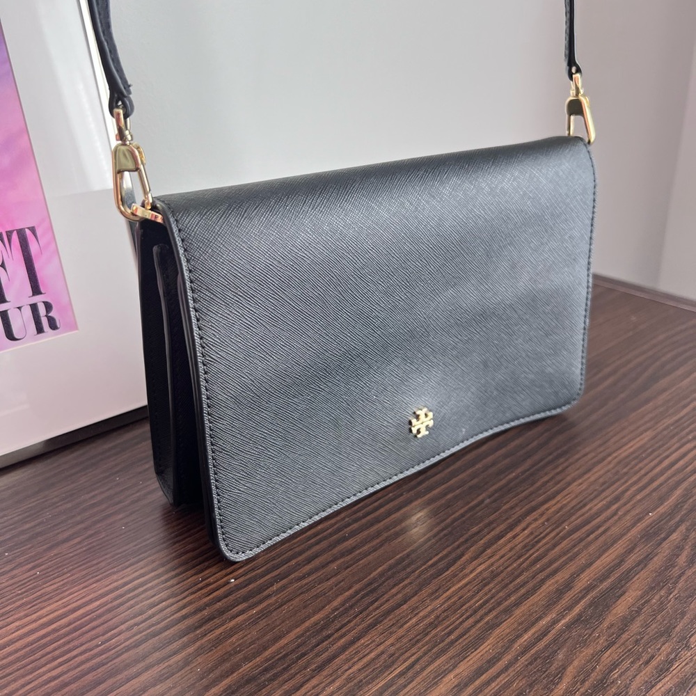 Tory Burch Black Saffiano Crossbody Clutch with Gold Hardware
